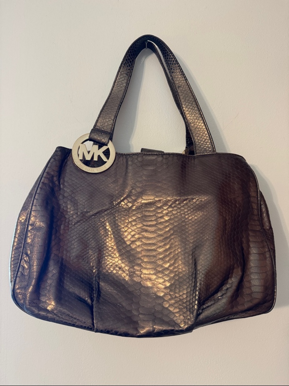 Michael Kors Dark Brown Snake Textured Leather Tote with MK Charm